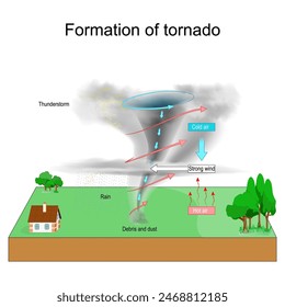 Tornado formation. Severe Weather. Tornadogenesis. Thunderstorm. Vector illustration