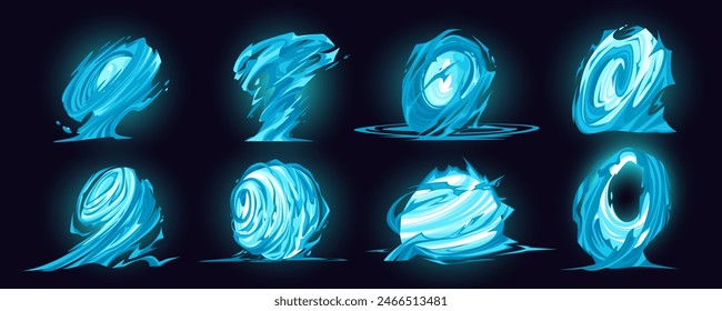 Tornado game effect. Comic VFX. Storm vortex. Cartoon twister icon. Blue whirlwind. Cyclone funnel. Shiny swirl. Magic wind move. Portal spiral twirl. Energy power video animation elements vector set