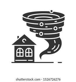 Tornado Glyph Icon. Twister Spiral Funnel Approaching House. Cyclone And Building. Extreme Weather Condition. Hurricane. Storm. Typhoon. Silhouette Symbol. Negative Space. Vector Isolated Illustration