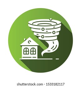 Tornado green flat design long shadow glyph icon. Twister spiral funnel approaching house. Cyclone dangerous for building. Destructive hurricane. Storm. Typhoon. Vector silhouette illustration