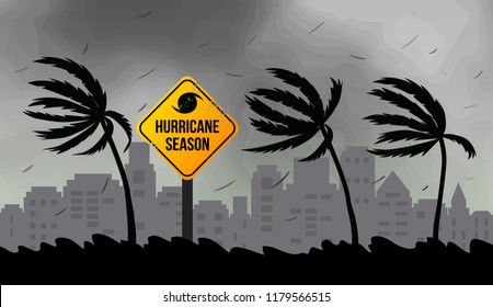 Furacão de furacão Florence, vindo do oceano. Ondas enormes em casas na costa. Desastre tropical e um sinal de catástrofe e alerta. Ilustração vetorial plana.