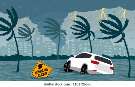 Tornado hurricane Florence, emerging from the ocean. Flooding the city and cars. Car accident. A tropical catastrophe and a sign of disaster. flat vector illustration