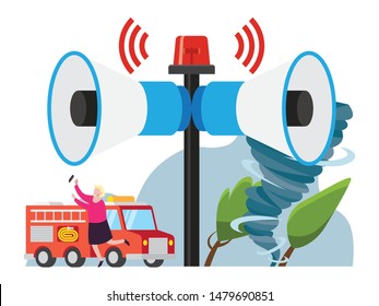 
Tornado, hurricane, natural disaster illustration with tiny people. Safety warning illustration for website, government release, newspaper.