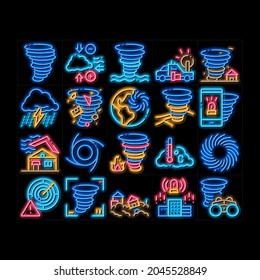 Tornado And Hurricane neon light sign vector. Glowing bright icon  Tornado Blowing House Roof, Cyclone On Planet Globe, Twister Weather Illustrations