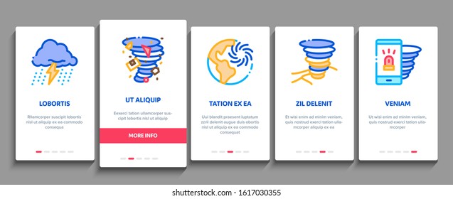 Tornado And Hurricane Onboarding Mobile App Page Screen Vector. Tornado Blowing House Roof, Cyclone On Planet Globe, Twister Weather Concept Linear Pictograms. Color Contour Illustrations