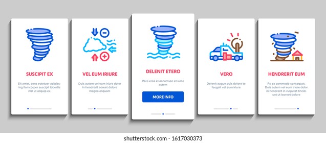 Tornado And Hurricane Onboarding Mobile App Page Screen Vector. Tornado Blowing House Roof, Cyclone On Planet Globe, Twister Weather Concept Linear Pictograms. Color Contour Illustrations