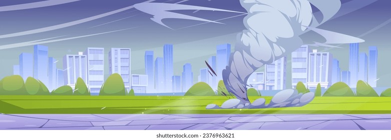 Tornado hurricane twister with swirl dust and cloud near city. Cartoon vector illustration urban landscape with storm whirlwind. Destructive cyclone weather disaster with wind and vortex funnel.