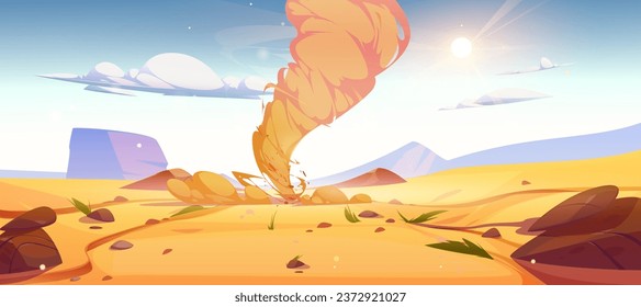 Tornado hurricane twister with swirl sand in desert. Cartoon vector illustration natural sandy landscape with storm whirlwind. Destructive windstorm disaster with wind and vortex whirlpool in dune.