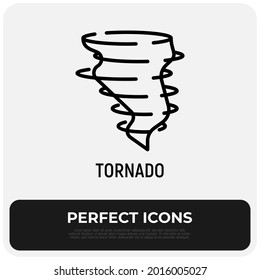 Tornado, huracán, ícono de la delgada línea del tifón. Desastre natural, catástrofe, destrucción. Ilustración vectorial.