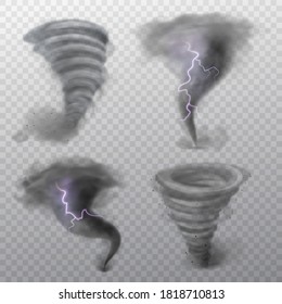 Tornado. Hurricane vortex with lightning, twister storm and thunderbolt. Whirlwind air funnel, strong wind swirl weather cyclone phenomenon 3d realistic vector set isolated on transparent background