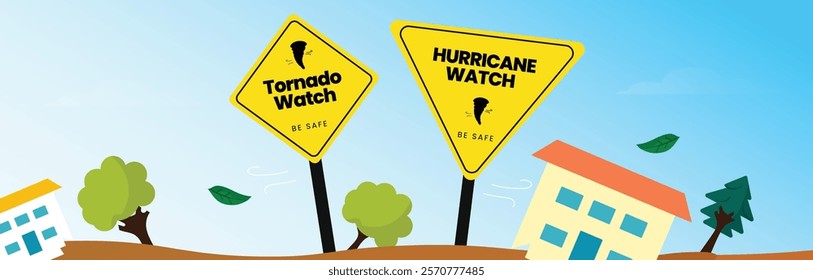 Tornado or Hurricane watch warning sign. Hurricane or Tornado Watch awareness signage in front of a city and mountains. Tornado Watch Sign Vector stock illustration. Hurricane awareness poster