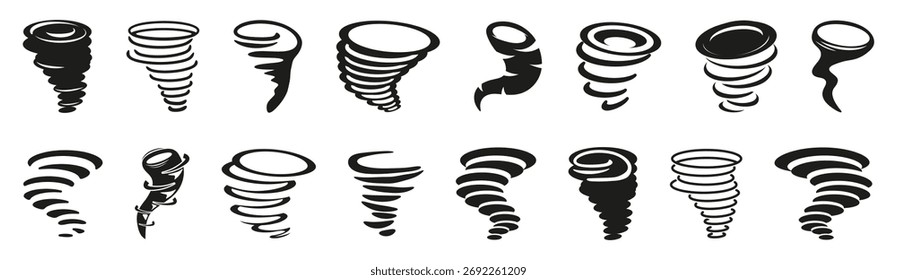 Colección de icono de tornado en siluetas negras dinámicas. Símbolos de tormenta espiral y torbellino para Climas, desastres o movimientos