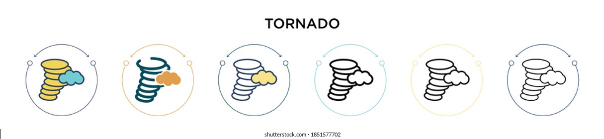 Tornado icon in filled, thin line, outline and stroke style. Vector illustration of two colored and black tornado vector icons designs can be used for mobile, ui, web