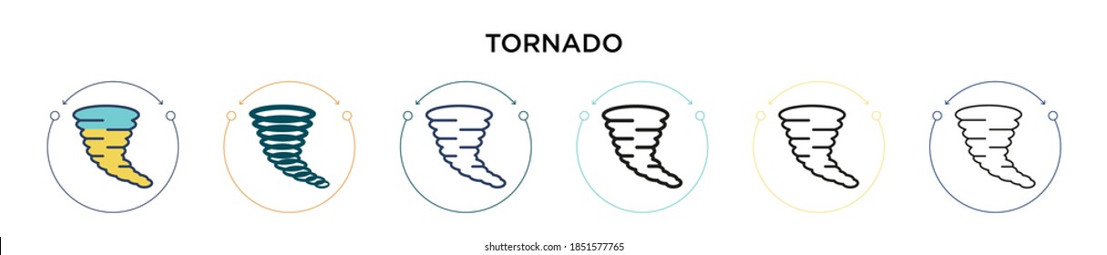 Tornado icon in filled, thin line, outline and stroke style. Vector illustration of two colored and black tornado vector icons designs can be used for mobile, ui, web