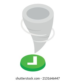 Icono de tornado vector isométrico. Icono fuerte de botón verde y torbellino. Huracán, tormenta, ciclón, tifón, clima extremo, símbolo de aprobación