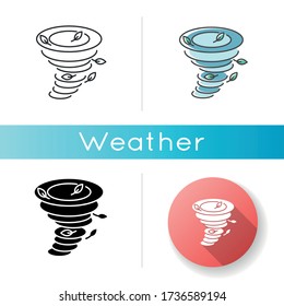 Tornado icon. Linear black and RGB color styles. Natural disaster, dangerous phenomenon. Extreme weather, meteorological emergency. Strong whirlwind, twister isolated vector illustrations