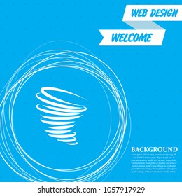 Tornado icon on a blue background with abstract circles around and place for your text. Vector illustration