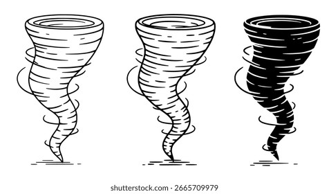 Conjunto de íconos de tornados, símbolos de tormenta de Vector en blanco y negro para pronóstico de Clima, meteorología y diseño climático