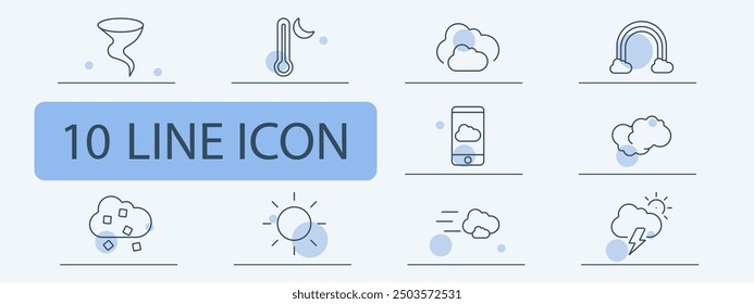 Tornado icon, thermometer with moon, cloud with snow, rainbow, weather on smartphone, cloud icon, snowflake, sun icon, windy cloud, storm cloud