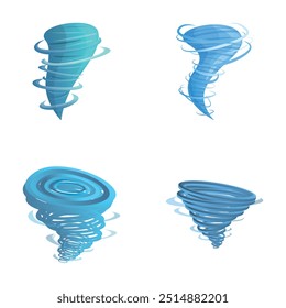 Ícones tornados definem o vetor de desenhos animados. Catástrofe natural, furacão ou tempestade. Mau tempo, cataclismo