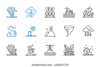 tornado icons set. Collection of tornado with storm, eruption, hurricane, drought, avalanche. Editable and scalable tornado icons.