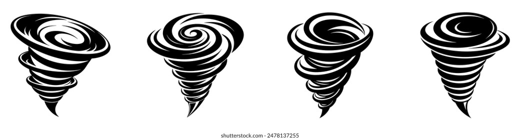 Tornado icons set. Hurricane symbol. Black typhoon icon isolated on white background. Vector illustration