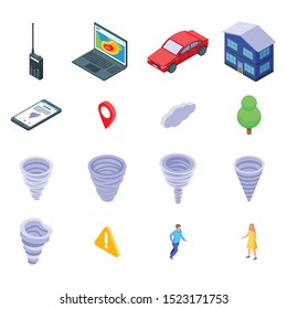 Iconos de tornado. Conjunto isométrico de iconos vectoriales de tornado para diseño web aislados en fondo blanco