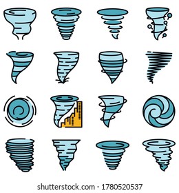 Tornado icons set. Outline set of tornado vector icons thin line color flat on white