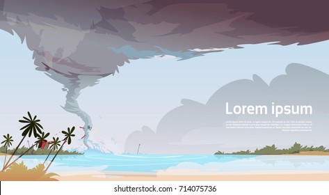 Tornado Incoming From Sea Hurricane In Ocean Beach Landscape Of Storm Waterspout Twister Natural Disaster Concept Flat Vector Illustration