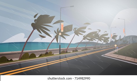 Tornado Incoming From Sea Hurricane In Ocean Huge Wind Over Palm Trees And Road Tropical Natural Disaster Concept Flat Vector Illustration