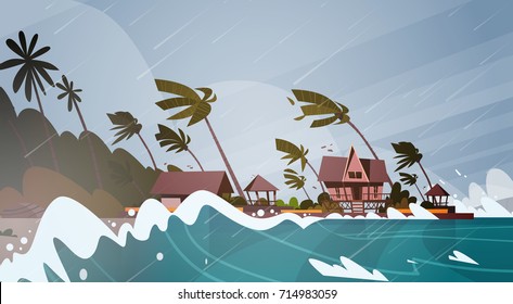 Tornado Incoming From Sea Hurricane In Ocean Huge Waves On Houses On Coast Tropical Natural Disaster Concept Flat Vector Illustration