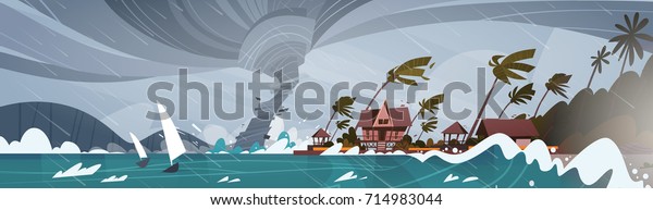 Tornado Incoming From Sea Hurricane In Ocean\
Huge Waves On Houses On Coast Tropical Natural Disaster Concept\
Flat Vector\
Illustration