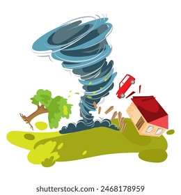 Tornado lifting houses, trees and cars into the air. Tornado catastrophe or tornado vector illustration. Dangerous Wind, twisted storm catastrophe cyclone cataclysm