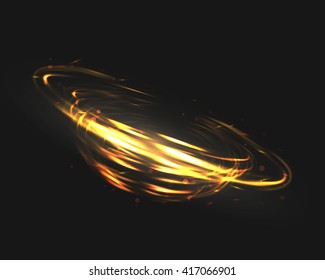 The tornado of light with sparkling lines. Bokeh particles on the swirling circles. Motion element on black background glowing light. Shiny gold color dodge effect. Vector illustration.