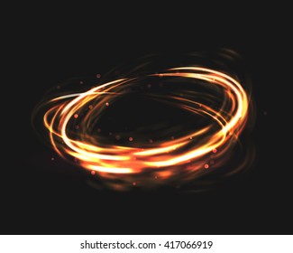 The tornado of light with sparkling lines. Bokeh particles on the swirling circles. Motion element on black background glowing light. Shiny gold color dodge effect. Vector illustration.