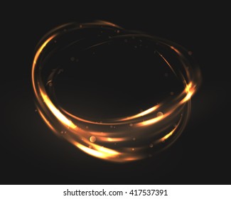 The tornado of light with sparkling lines. Bokeh particles on the swirling circles. Motion element on black background glowing light. Shiny gold color dodge effect. Vector illustration.