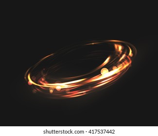 The tornado of light with sparkling lines. Bokeh particles on the swirling circles. Motion element on black background glowing light. Shiny gold color dodge effect. Vector illustration.