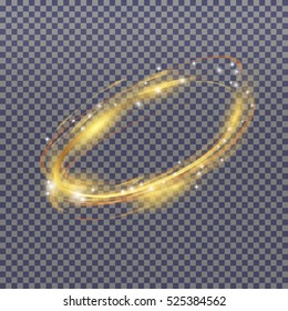 El tornado de luz con líneas brillantes. Partículas de bokeh en los círculos giratorios. Elemento de movimiento sobre luz brillante de fondo negro. El efecto esbelto del color dorado. Ilustración vectorial.
