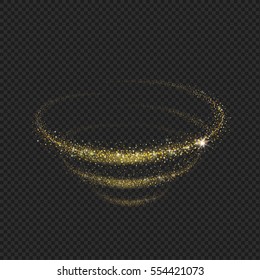 The tornado of light with sparkling lines. swirling circles Motion element on black background glowing light. Shiny gold effect. Vector illustration.