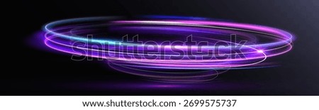 Tornado light spiral, glowing luminous energy ring in purple and blue tones on dark transparent background.