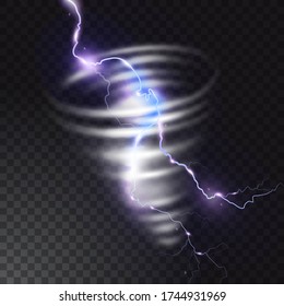 Tornado con una ilustración relámpago de relámpago relámpago de relámpago de relámpago en el huracán tornasol. Vórtice del ciclón eólico en tiempo de tormenta. Vector