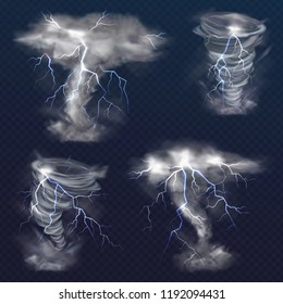 Tornado with lightning vector illustration of realistic thunderbolt light flash in twister hurricane. Wind cyclone vortex in storm weather isolated on transparent background