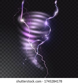 Tornado with lightning vector illustration of realistic thunderbolt light flash in twister hurricane. Wind cyclone vortex in storm weather.