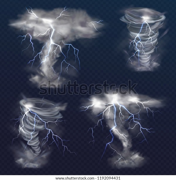 リアルな雷の雷がひらめき ひらめく嵐の中で瞬く竜巻と稲妻のベクターイラスト 透明な背景に風のサイクロン渦 のベクター画像素材 ロイヤリティフリー