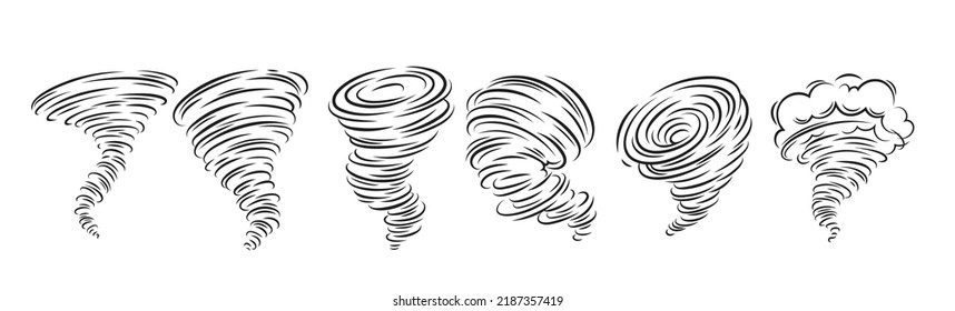 Tornado line icons set vector illustration. Spiral whirlwind and hurricane with speed whirls and funnels, danger wind symbols of storm weather and extreme tornado disaster in nature, speed cyclone