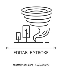 Tornado linear icon. Twister. Cyclone. Natural disaster. Destructive whirling wind. Storm spiral funnel, trees. Thin line illustration. Contour symbol. Vector isolated outline drawing. Editable stroke