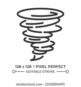 Tornado linear icon. Weather forecast. Swirling wind funnel. Windstorm. Destructive force of nature. Severe weather. Thin line illustration. Contour symbol. Vector outline drawing. Editable stroke