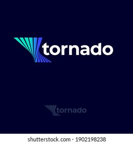 Tornado logo. Twisted shapes like vortex and white letters. Blue tornado emblems. Monochrome option. 