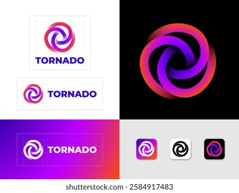 Tornado logo. Vortex symbol consists of, pink-purple  rotating elements. Brand identity, use of colors and app icon.