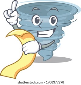 Tornado mascot character design with a menu on his hand